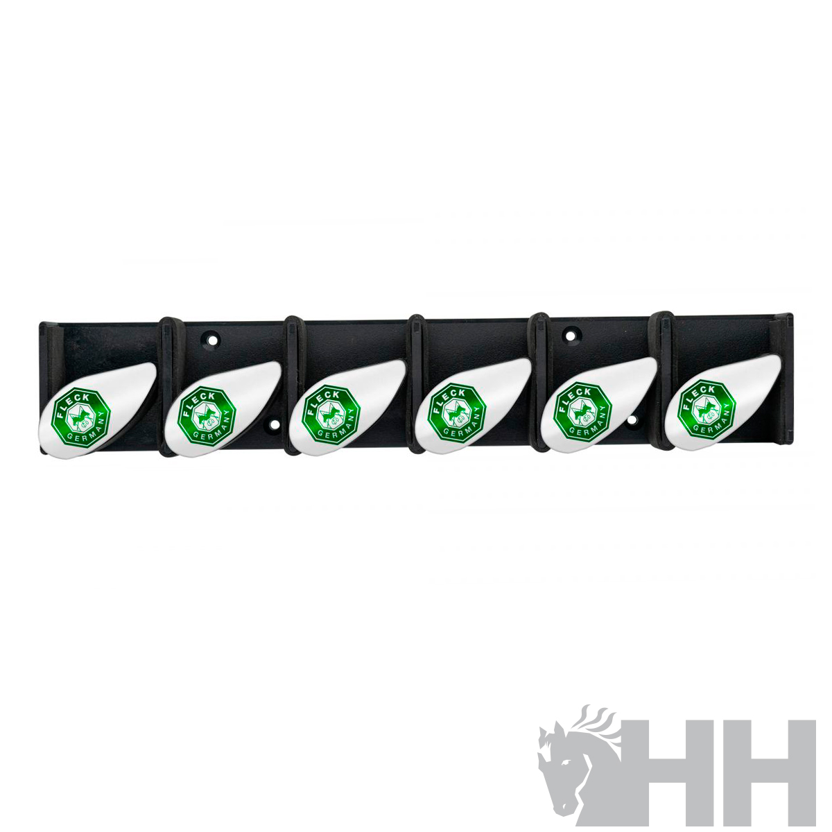 Porta-capacetes de parede com seis ganchos e detalhes em branco e verde