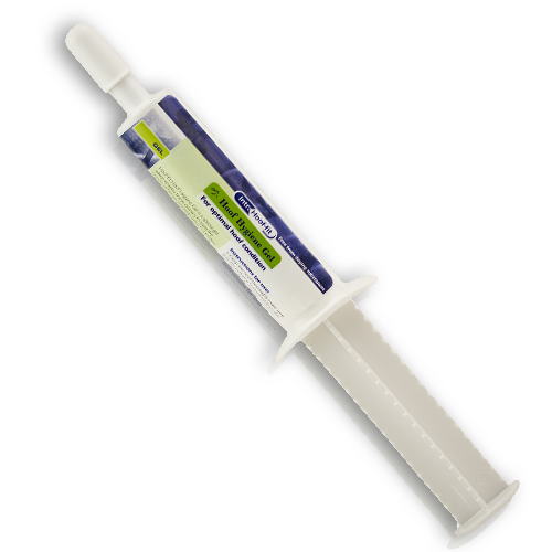 Seringa branca com rótulo azul e verde, gel para primeiros socorros para queimaduras