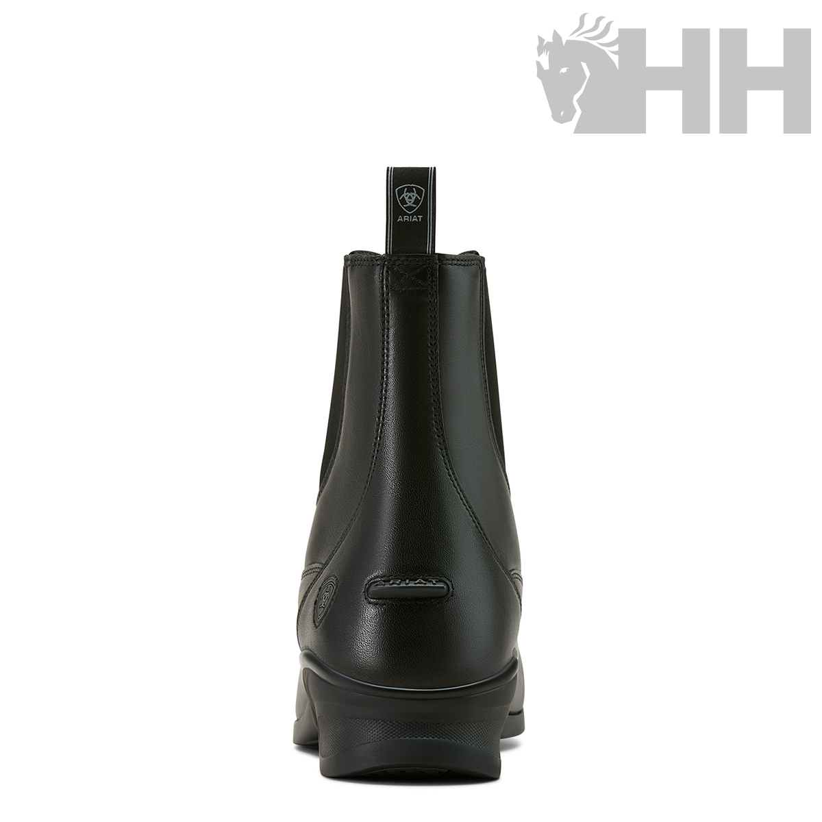 Botim preto HH visto de trás com alça para calçar e logotipo HH no fundo branco