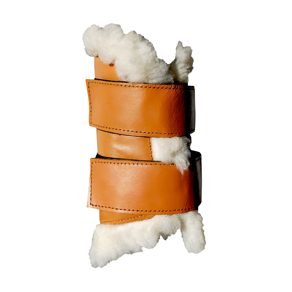 Protetor de pulso castanho em pele com interior de lã branca e duas tiras ajustáveis