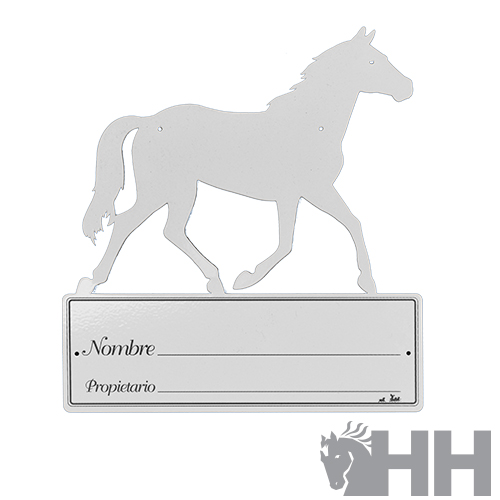 Placa decorativa de metal em forma de cavalo com espaço para nome e proprietário