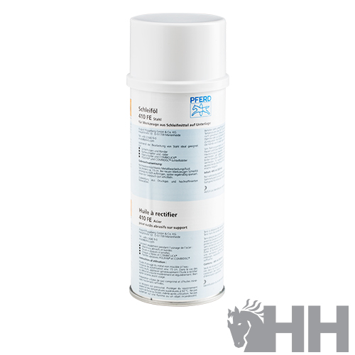 Lata branca de spray PFERD Schleiföl 410 FE com rótulo branco e azul