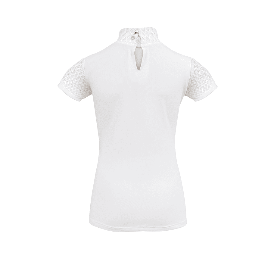 T-shirt branca feminina com gola alta e mangas curtas em renda