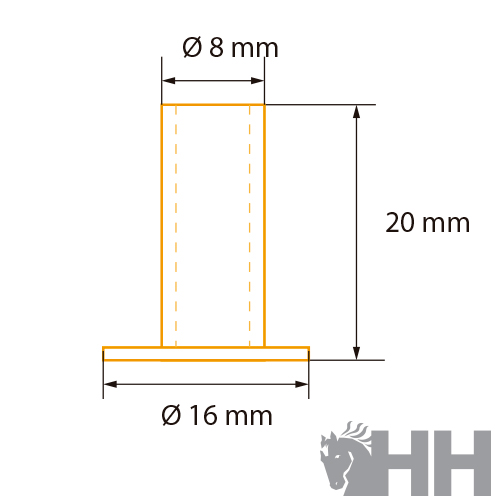 Desenho técnico peça cilíndrica com dimensões e logotipo HH.