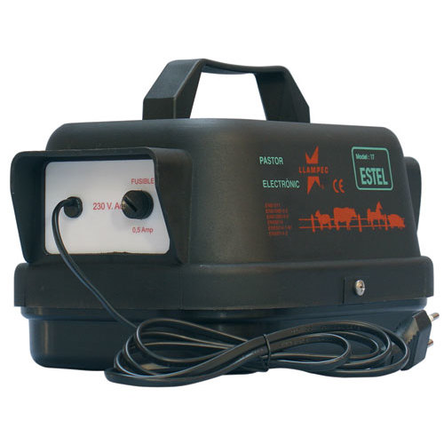 Pastor eletrónico Estel preto com alça, etiquetas coloridas e cabo elétrico enrolado