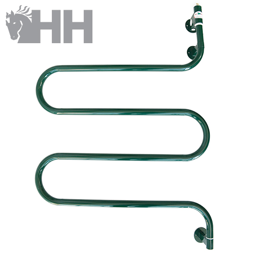 Radiador metálico verde curvado com logótipo HH cinzento