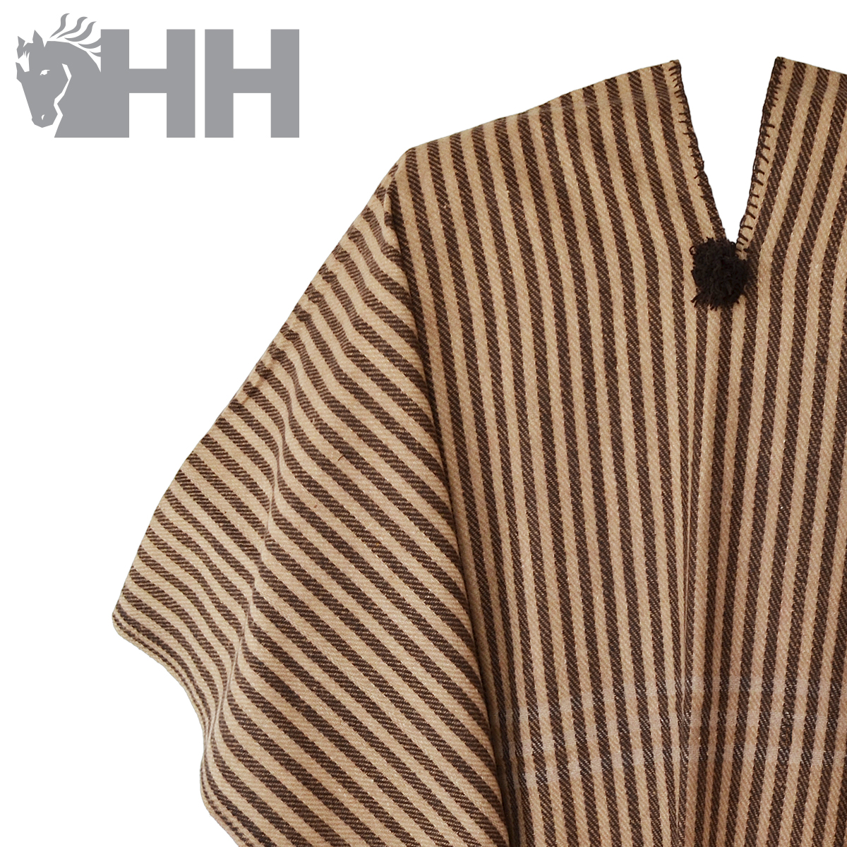 Poncho castanho riscado com tassel no decote e logótipo HH cinzento