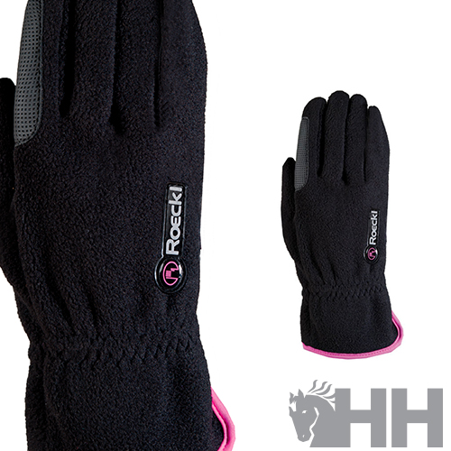 Luvas Roeckl pretas em tecido polar com detalhe rosa