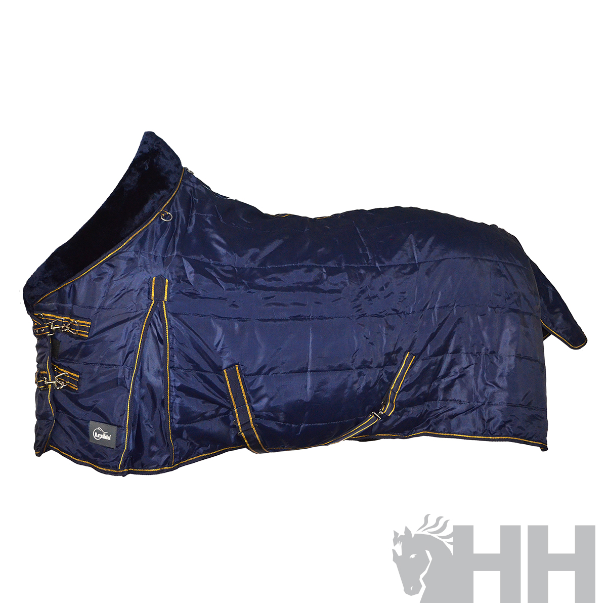 Cobertura azul escuro acolchoada para cavalo com gola felpuda e detalhes amarelos
