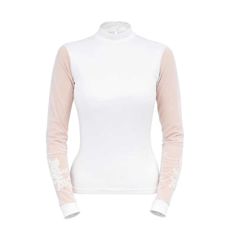 Camisola feminina branca com mangas transparentes decoradas