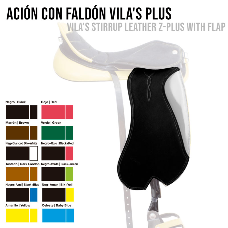 Sela de cavalo com faldão preto em pele, tabela de cores ao lado