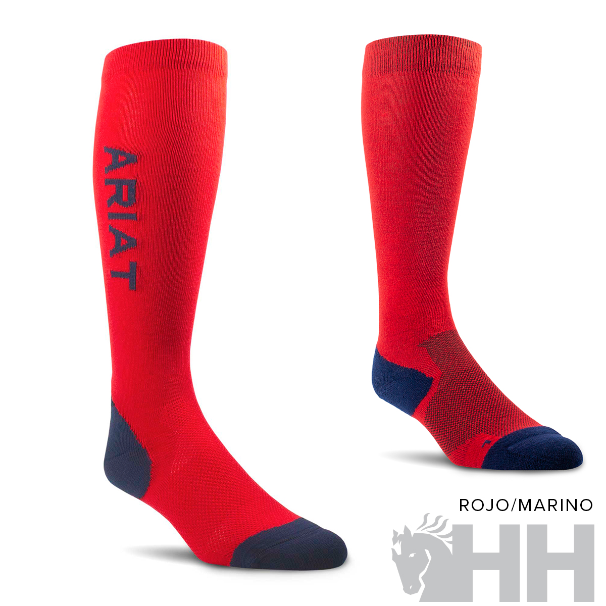 Meias desportivas vermelhas com detalhes azul-marinho e texto 'ARIAT'