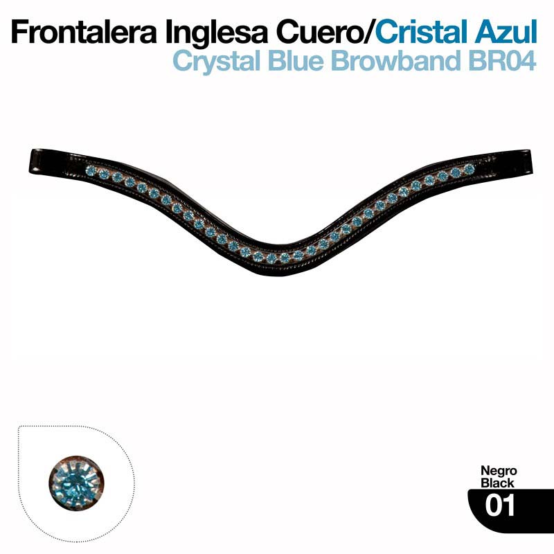 Frontalera de couro preto com cristais azuis em linha