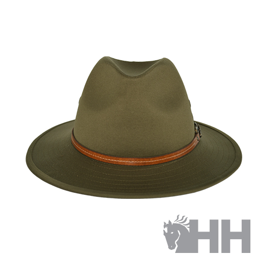 Chapéu verde-oliva com aba larga e faixa castanha