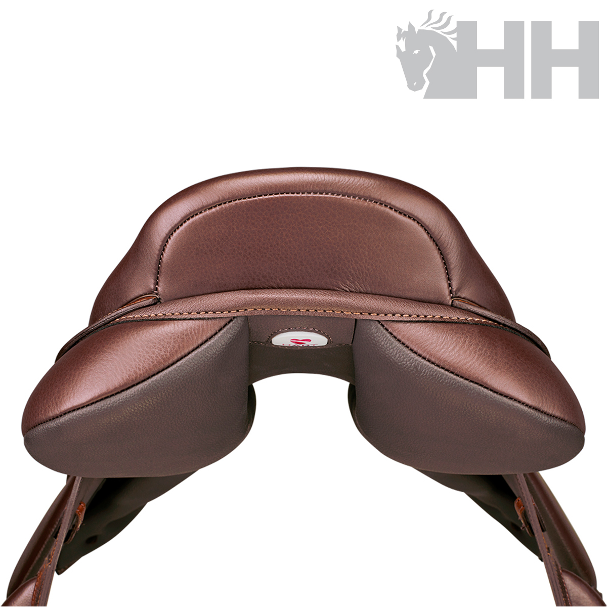 Sela de equitação em couro castanho vista de baixo