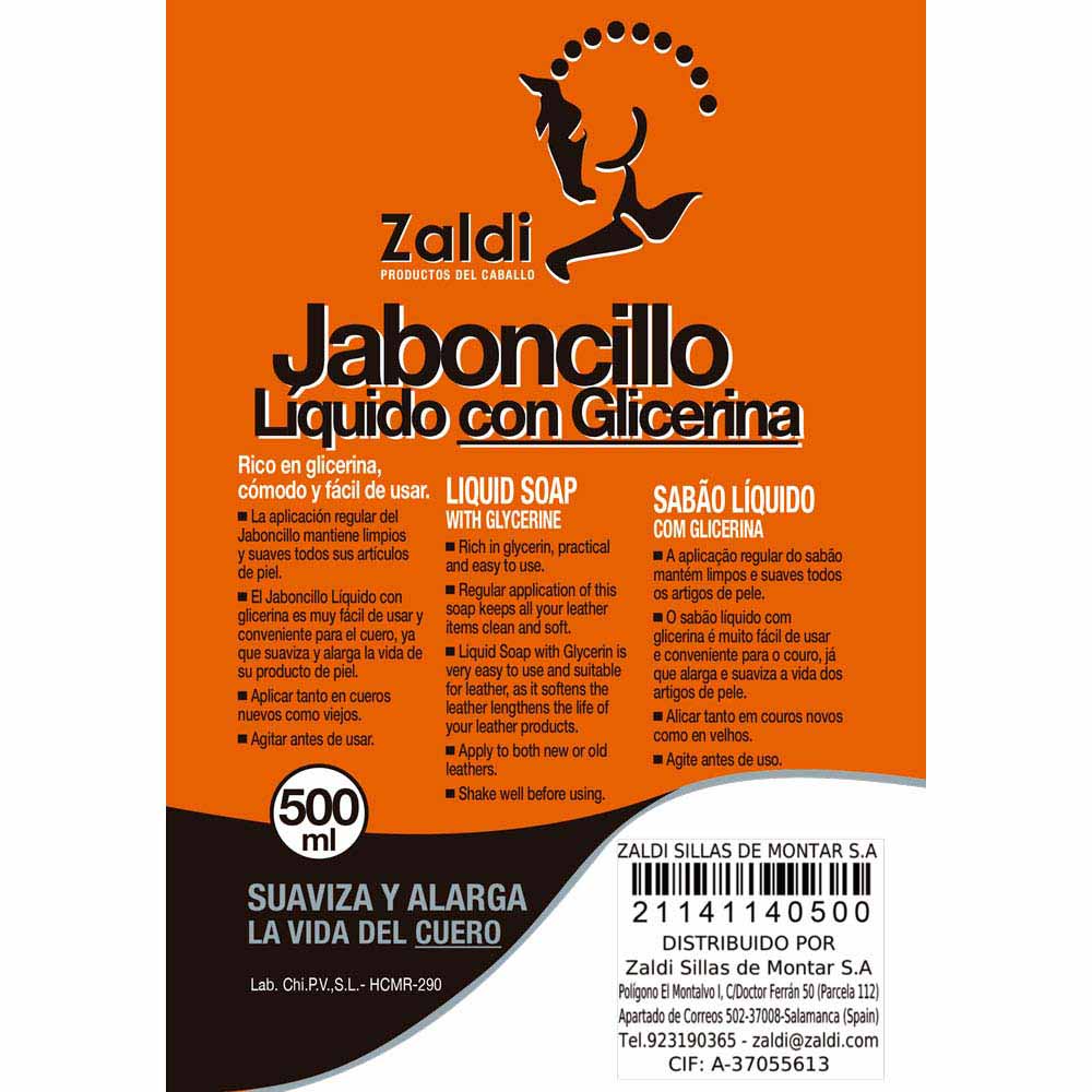 Etiqueta de produto líquido para couro Zaldi Jaboncillo com texto em várias línguas e código de barras