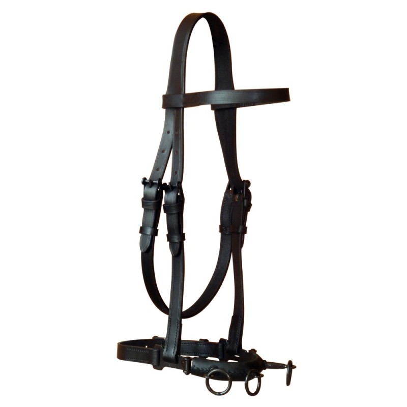 Cabeçada de cavalo em couro preto com argolas metálicas prateadas