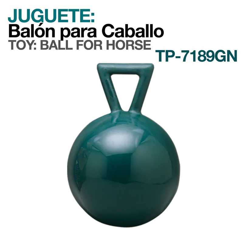 Bola verde para cavalo com alça triangular e texto descritivo