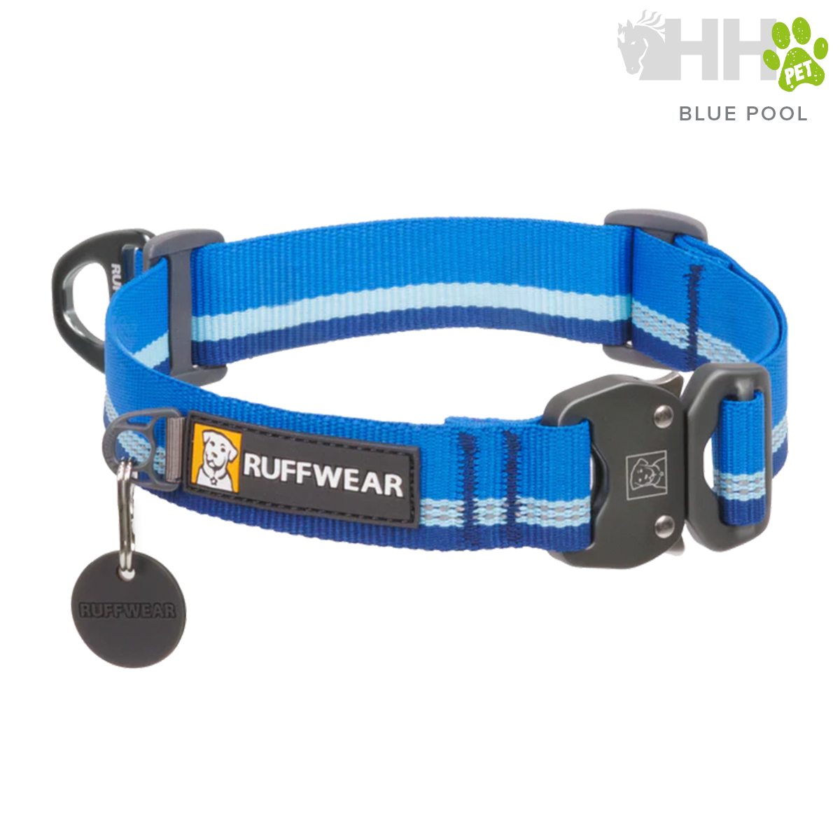 Coleira azul para cão com riscas brancas e encaixe preto, marca Ruffwear