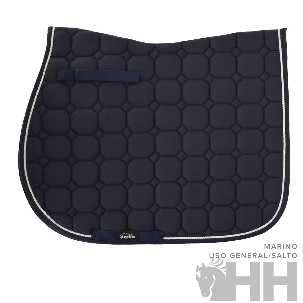 Tapa de sela azul-marinho com padrão hexagonal e bordas brancas