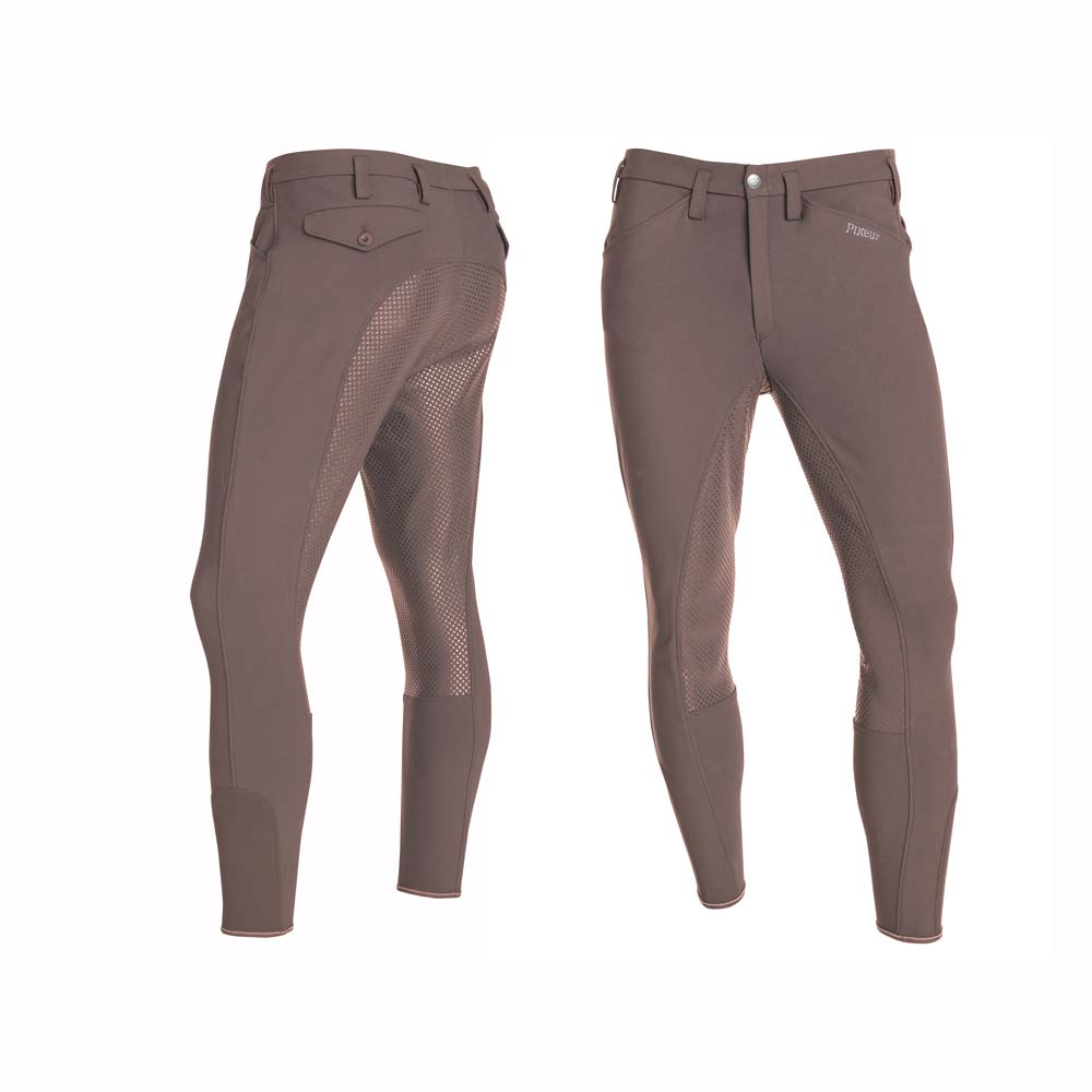 Cálças castanhas de equitação com texturas antiderrapantes em fundo branco