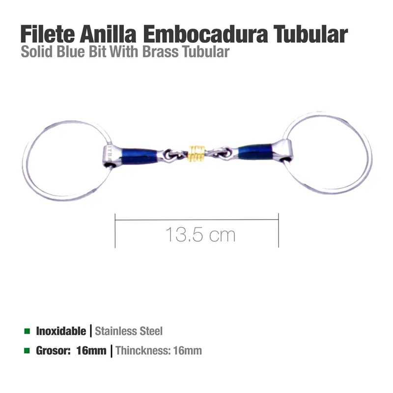 Filete Anilla Embocadura Tubular em aço inoxidável e latão, com tubulares azuis, medindo 13,5 cm