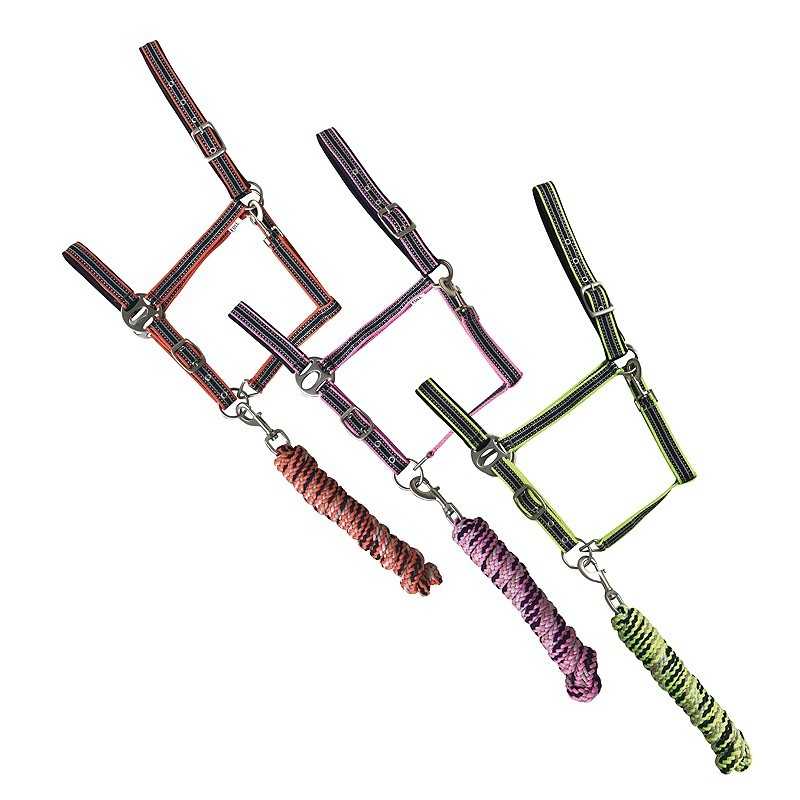 Três cabrestos de cavalo coloridos com cordas correspondentes penduradas