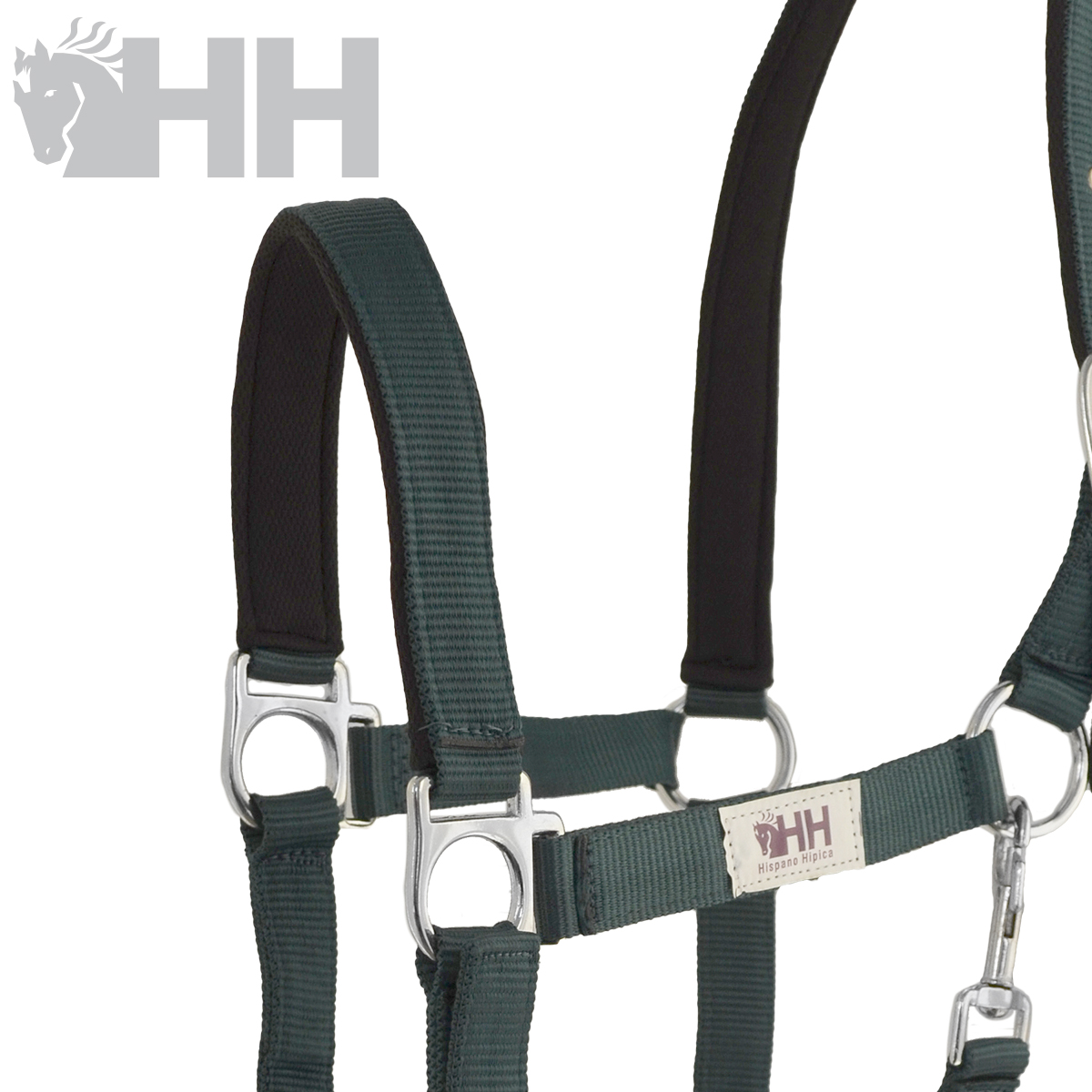 Cabresto verde escuro com argolas metálicas e etiqueta HH para animais