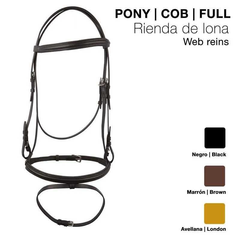 Freio para cavalo em lona nas cores Negro, Marrón e Avellana, tamanhos PONY, COB, FULL, com texto em castelhano e inglês