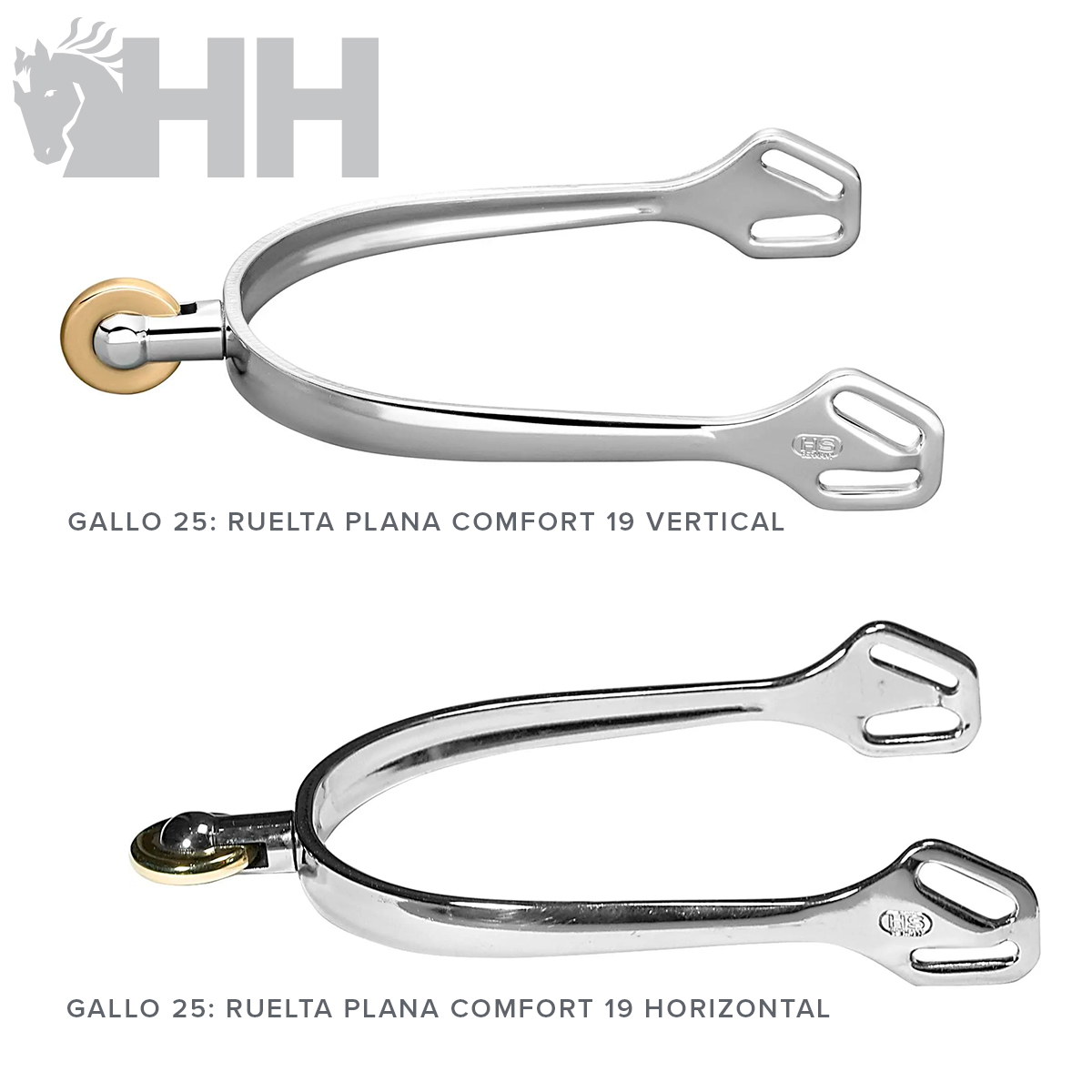Esporas metálicas GALLO 25 com roda dourada, duas versões vertical e horizontal