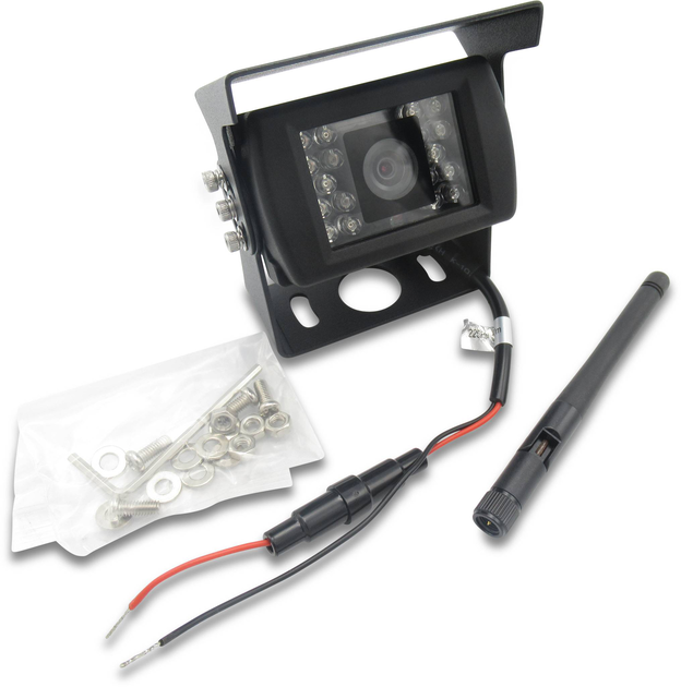Câmara de vigilância preta com suporte, LED, cabo com fios expostos, parafusos em saco e antena