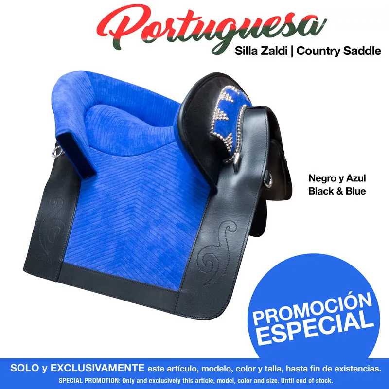 Sela equestre preta e azul Silla Zaldi com textura acetinada e detalhes em couro