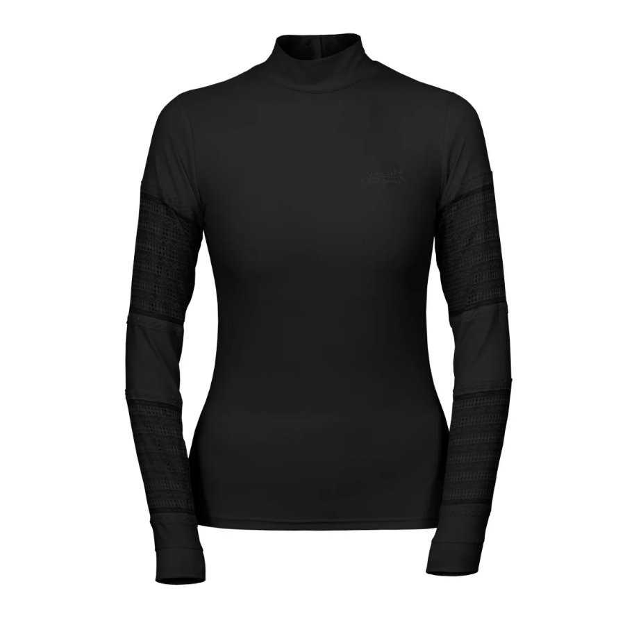 Camisola preta de manga comprida e gola alta com detalhes texturizados nas mangas