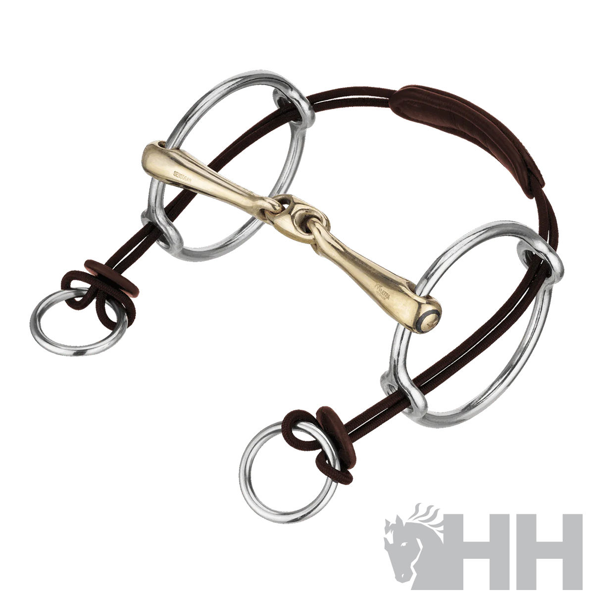 Freio metálico prateado e dourado com correias marrons para cavalo