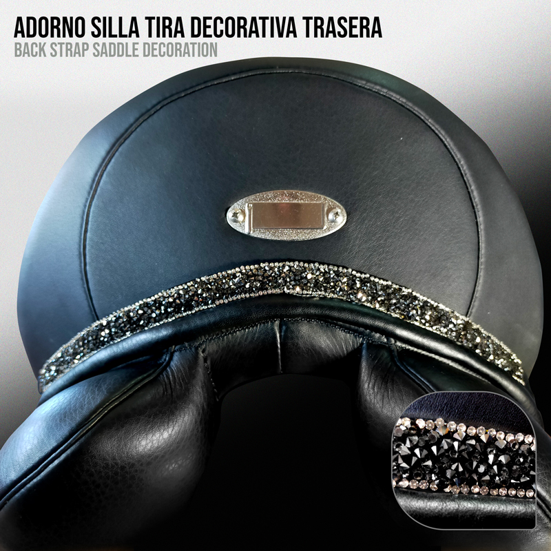 Adorno decorativo para sela preta com cristais e chapa metálica oval