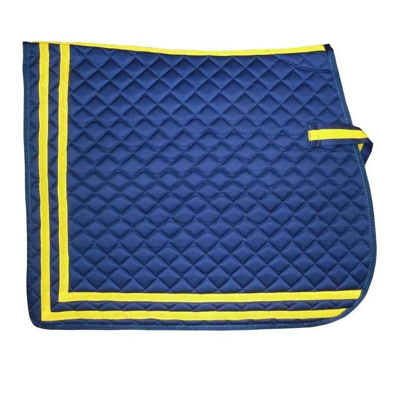 Manta para cavalo azul com bordas amarelas e costuras em padrão xadrez