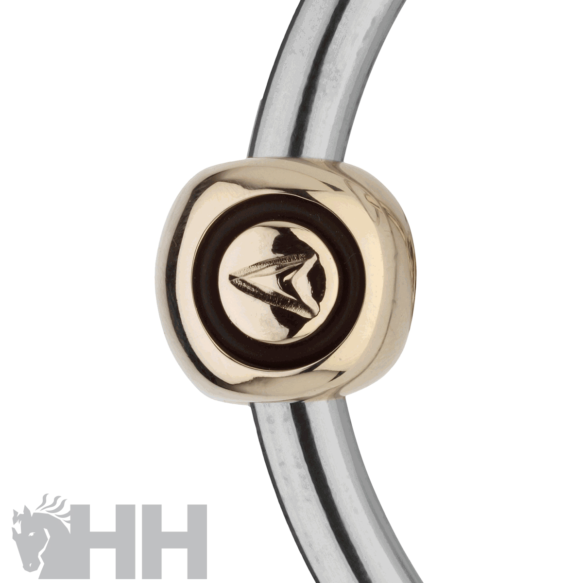 Argola metálica prateada com pendente dourado e preto e logo HH