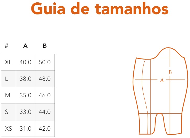 Tabela de guia de tamanhos com medidas e diagrama de roupa