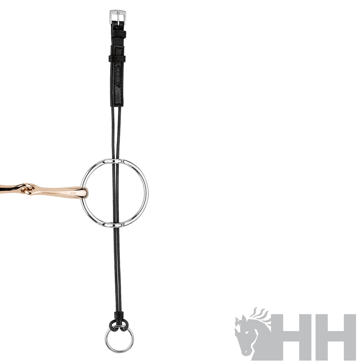 Freio de cavalo de metal com argola prateada e couro preto