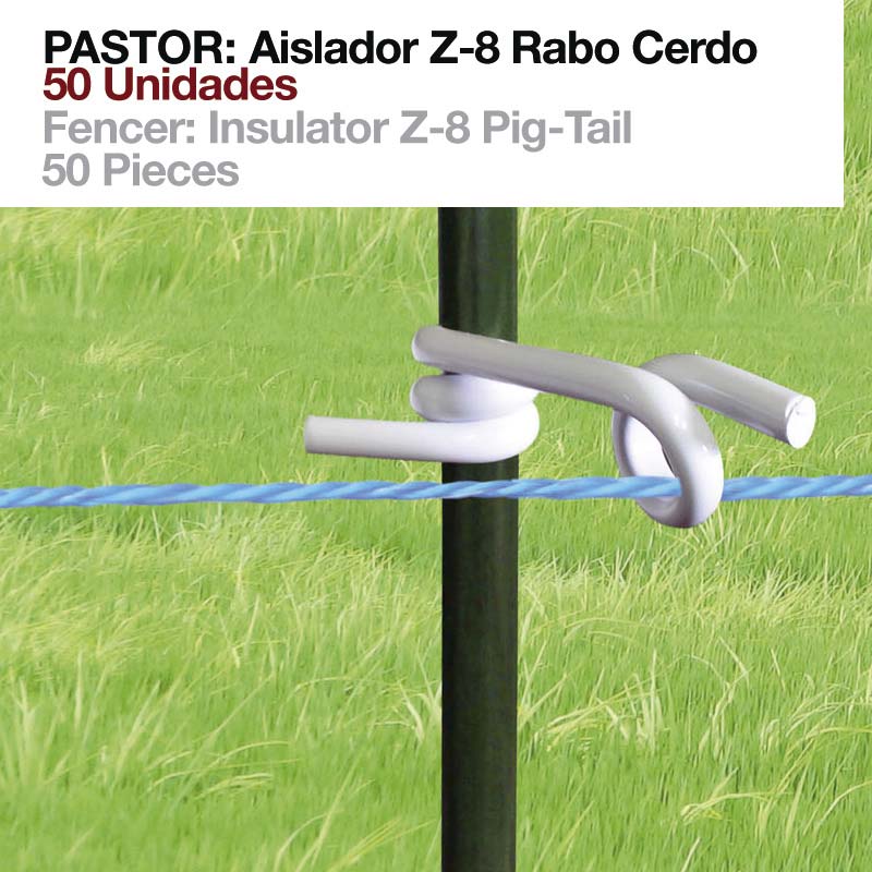 Isolador Z-8 Rabo Cerdo branco numa cerca com poste preto e fio azul, texto em português e inglês sobreposto