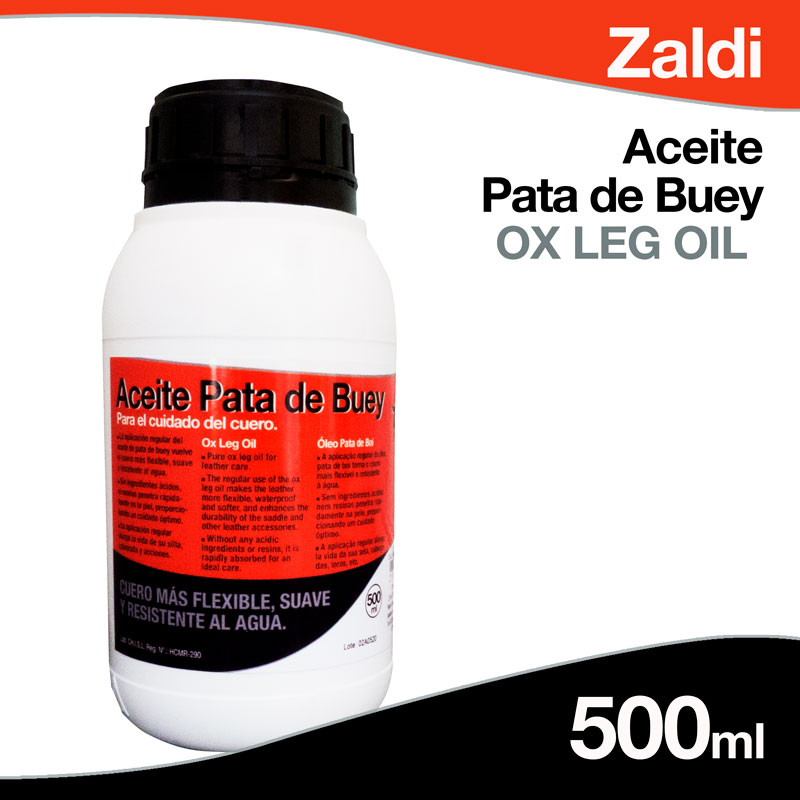 Frasco branco de óleo para couro com rótulo vermelho e texto em espanhol