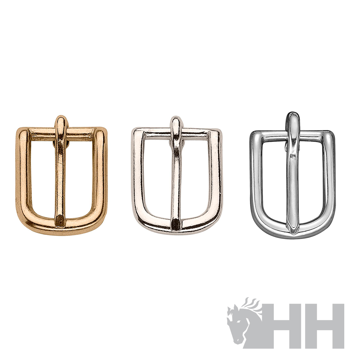 Três fivelas metálicas para cinturão em dourado, prateado brilhante e prateado mate