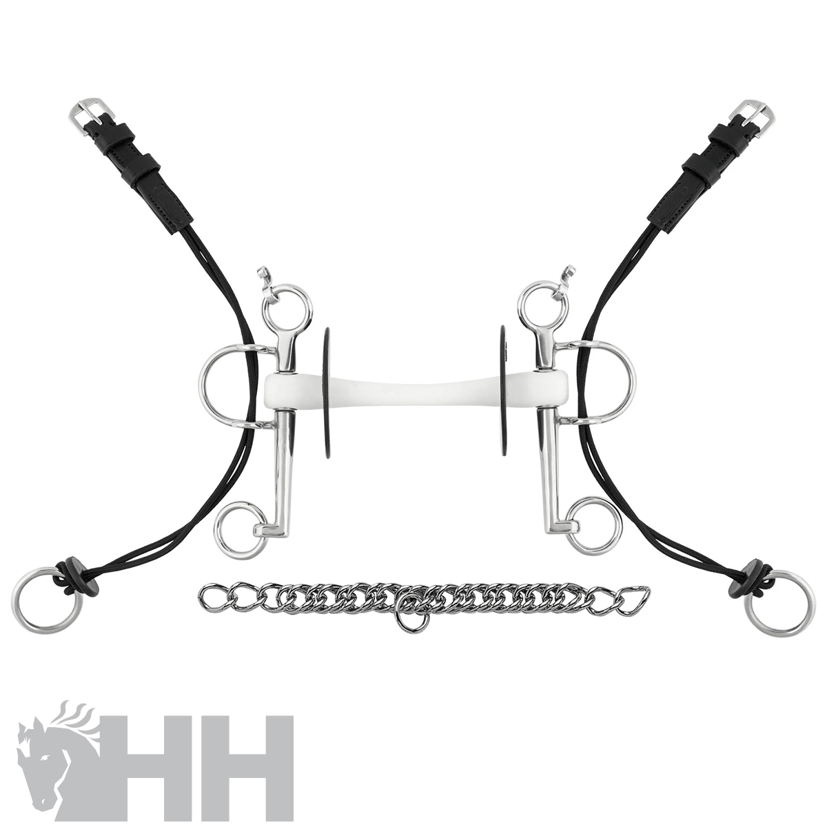 Freno de equitação metálico com correias de couro pretas e corrente metálica