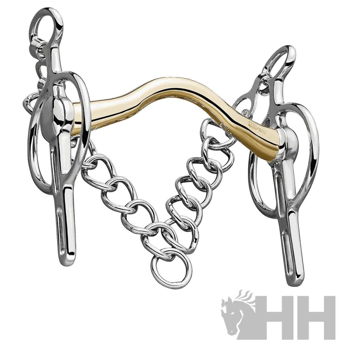 Freio de cavalo em metal dourado e prateado com corrente e fundo branco