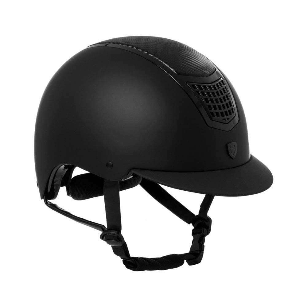 Capacete de equitação preto fosco com ventilação e tira ajustável.
