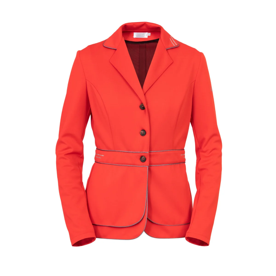 Blazer feminino vermelho com cinto e botões pretos