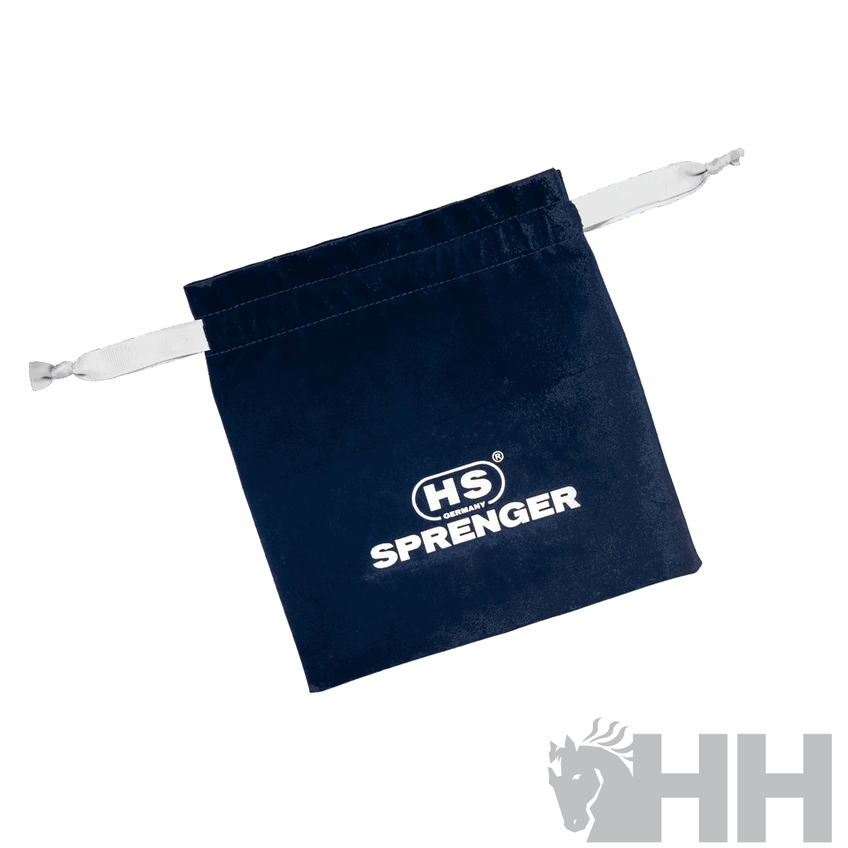 Saco azul-escuro com cordão branco e logotipo HS SPRENGER em branco