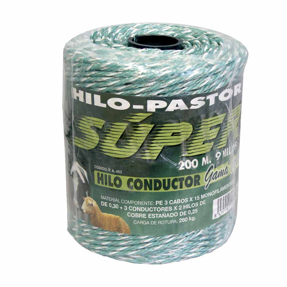 Rolo de fio pastor verde e branco com etiqueta verde e texto técnico