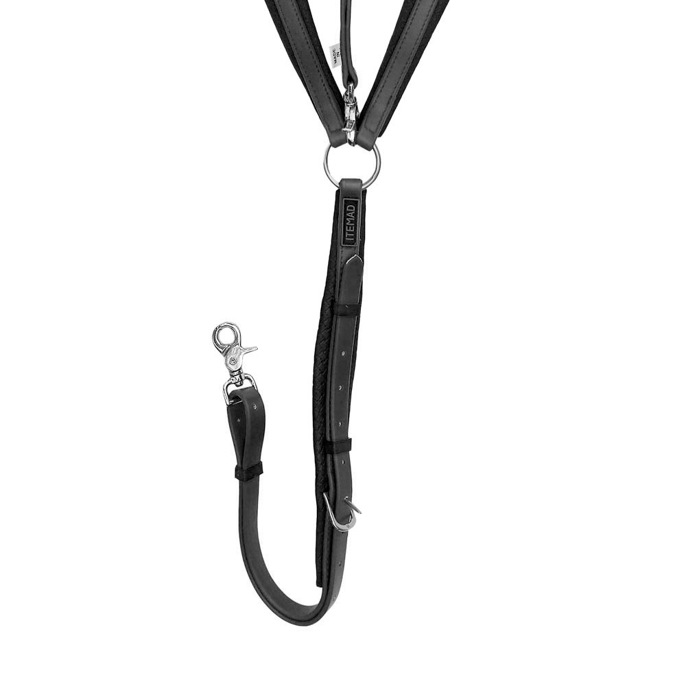 Trela de cão preta com detalhes em metal e etiqueta LITEMAD sobre fundo branco