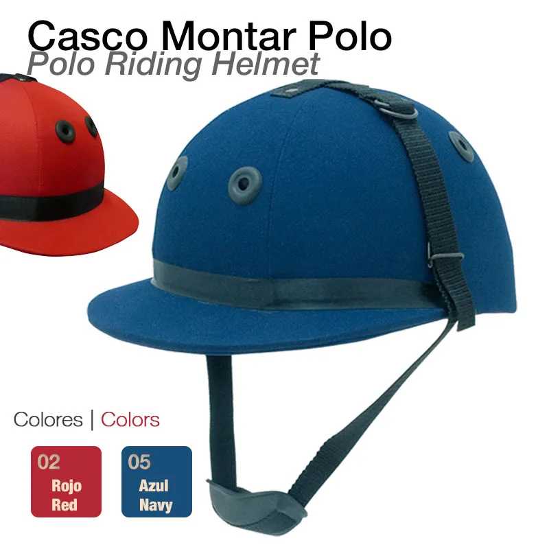 Capacete de montar polo azul com detalhes pretos e texto descritivo